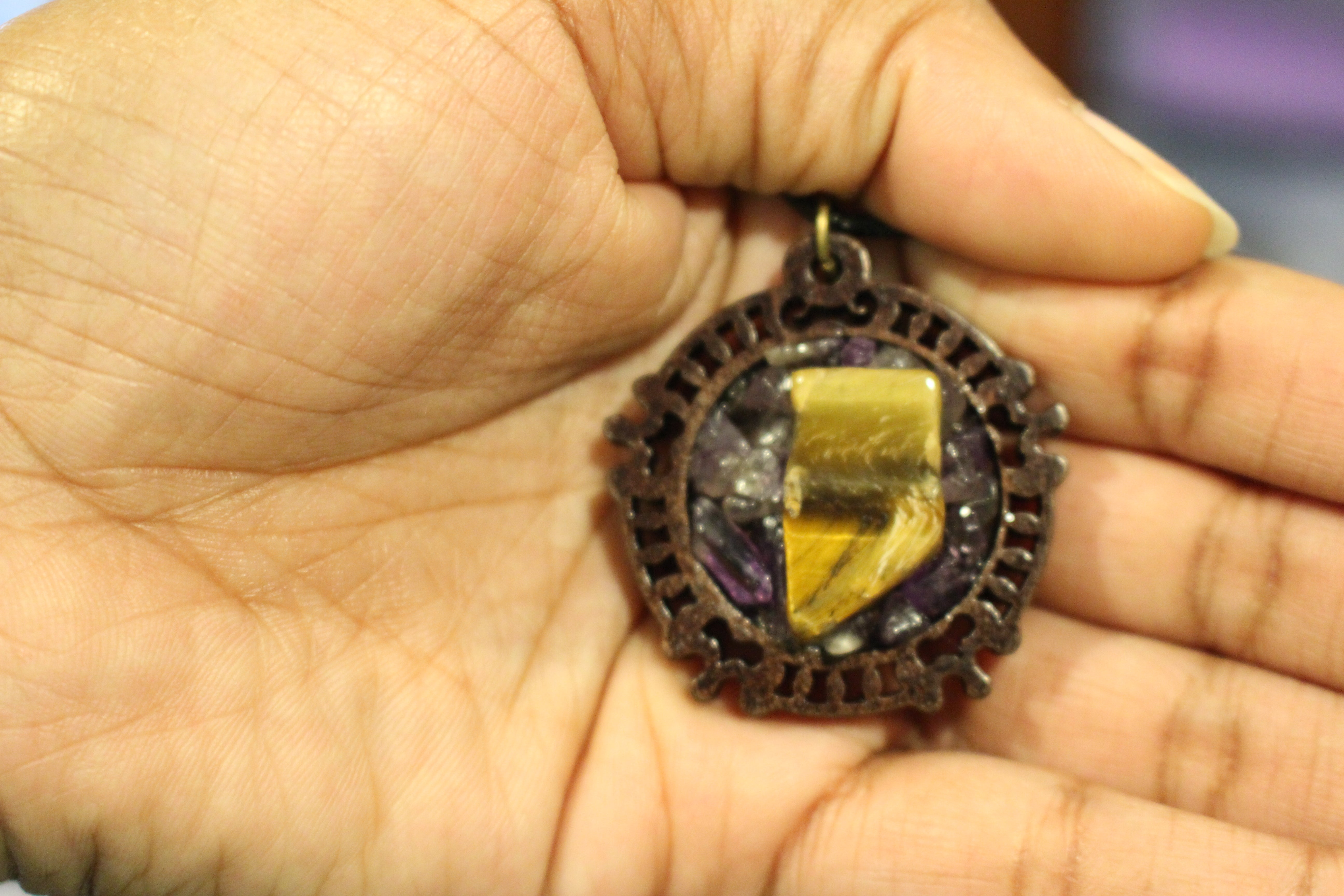 Amethyst And Tigers Eye Pendant - Wooden Back