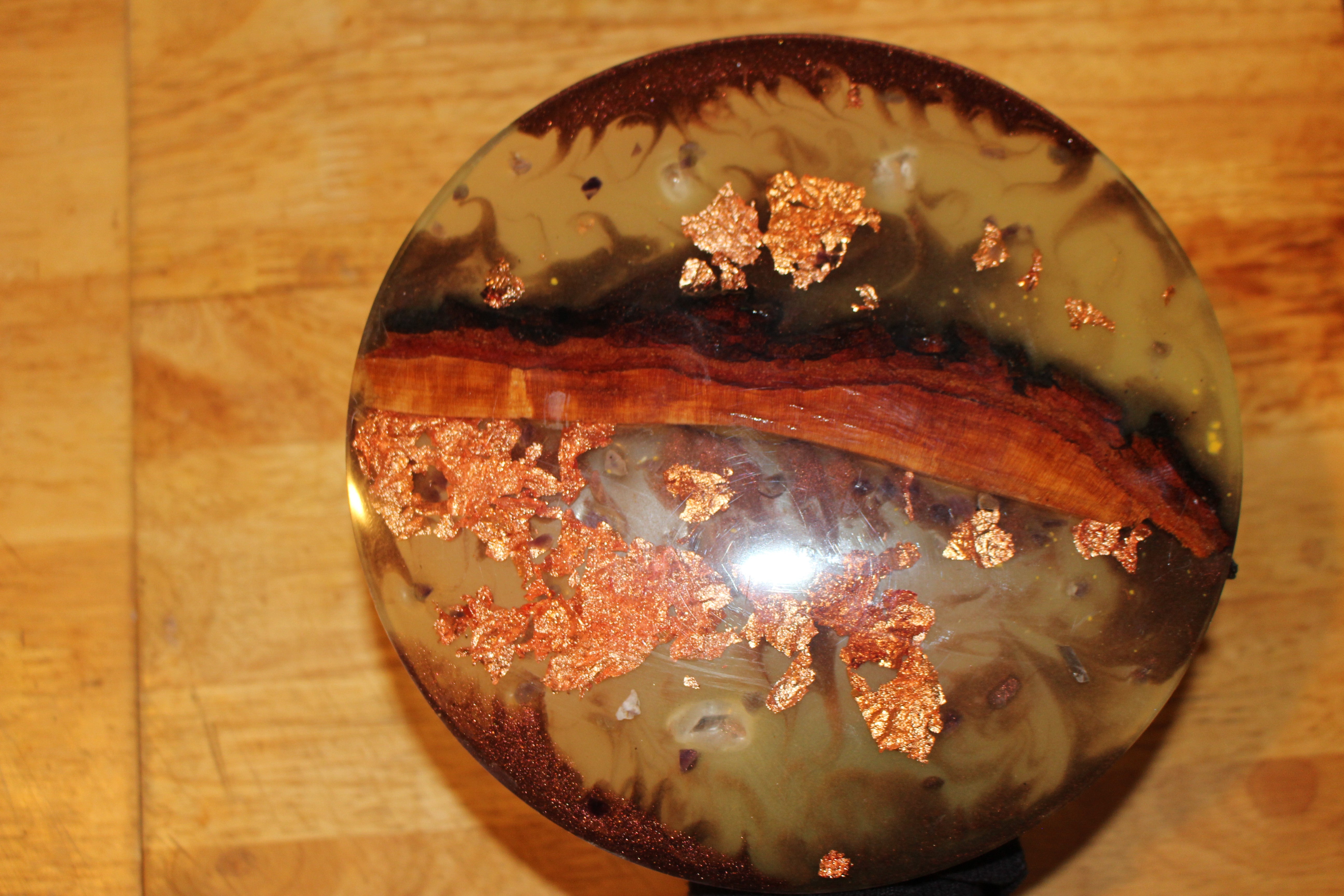 Glow in the dark cherry wood copper piece with crystal accents