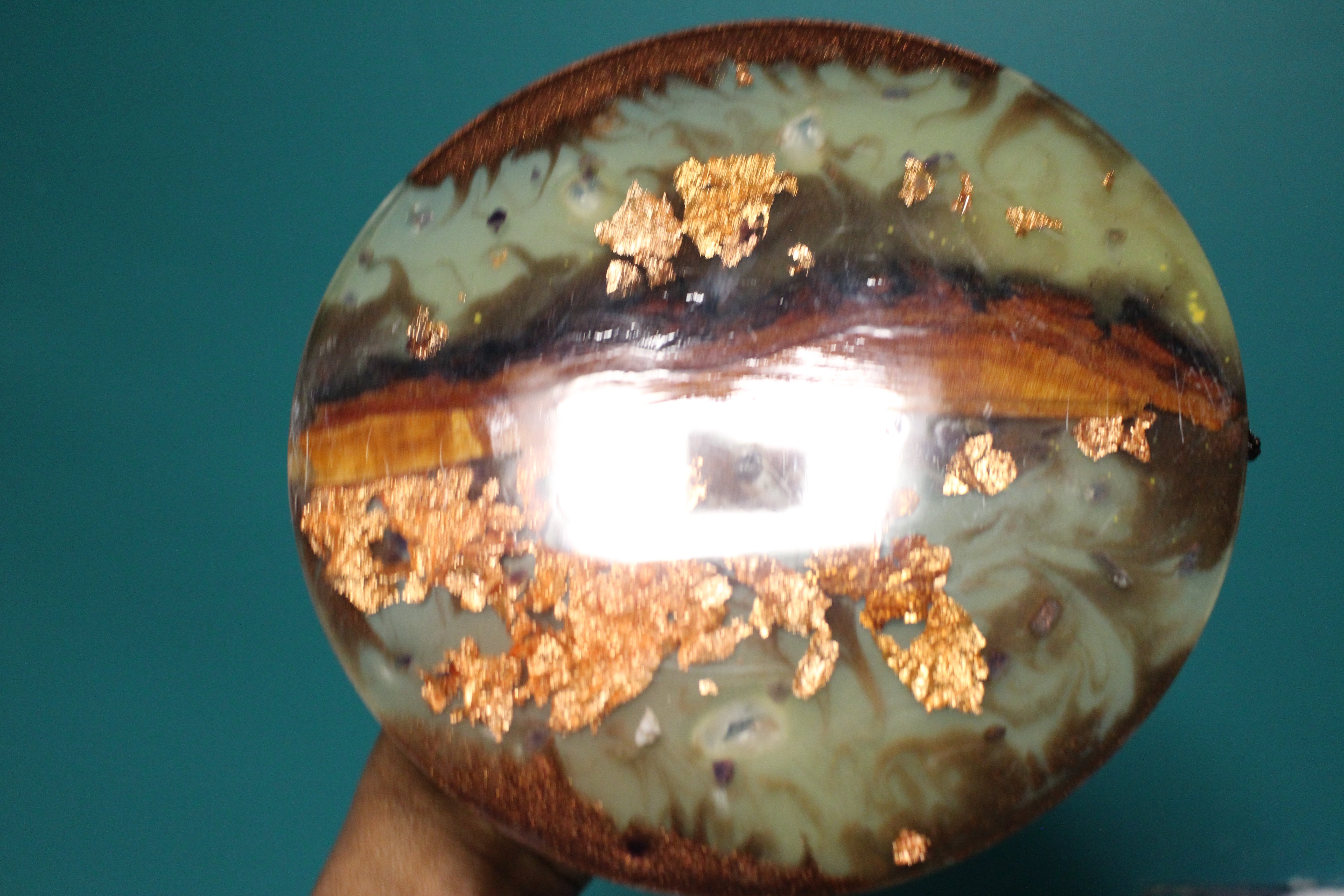 Glow in the dark cherry wood copper piece with crystal accents