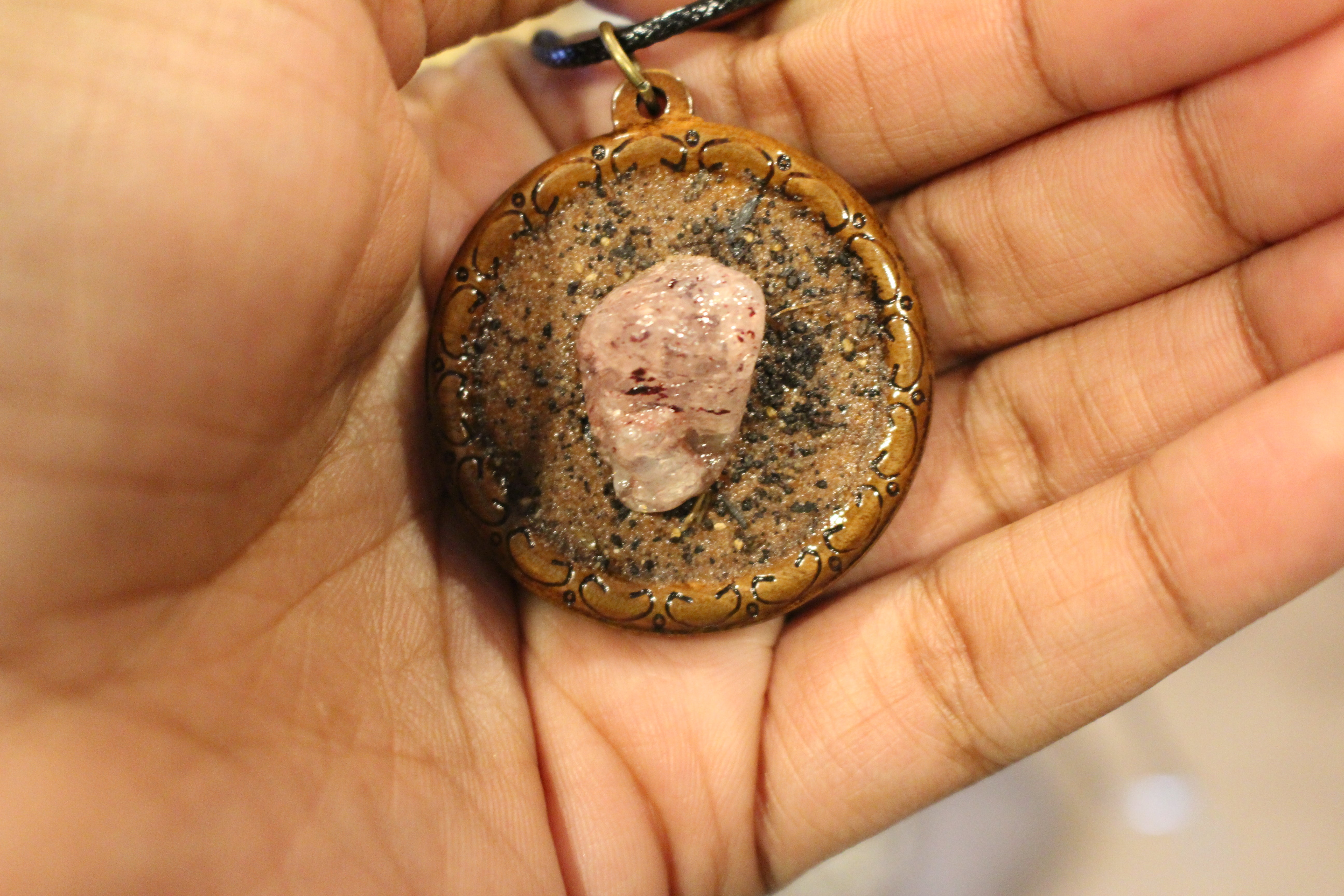 Strawberry Quartz and Red Desert Sand Pendant- Wood Backing