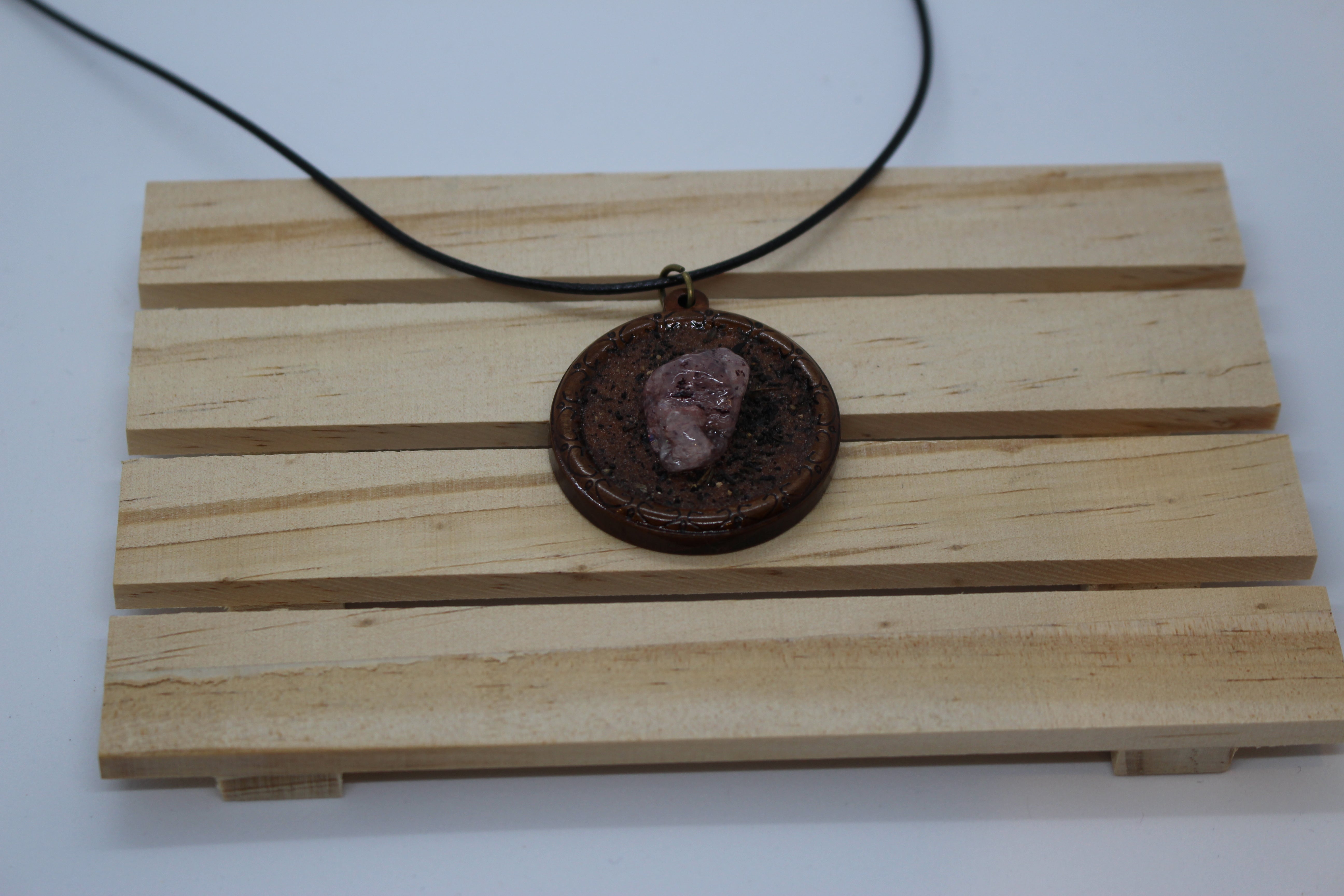 Strawberry Quartz and Red Desert Sand Pendant- Wood Backing