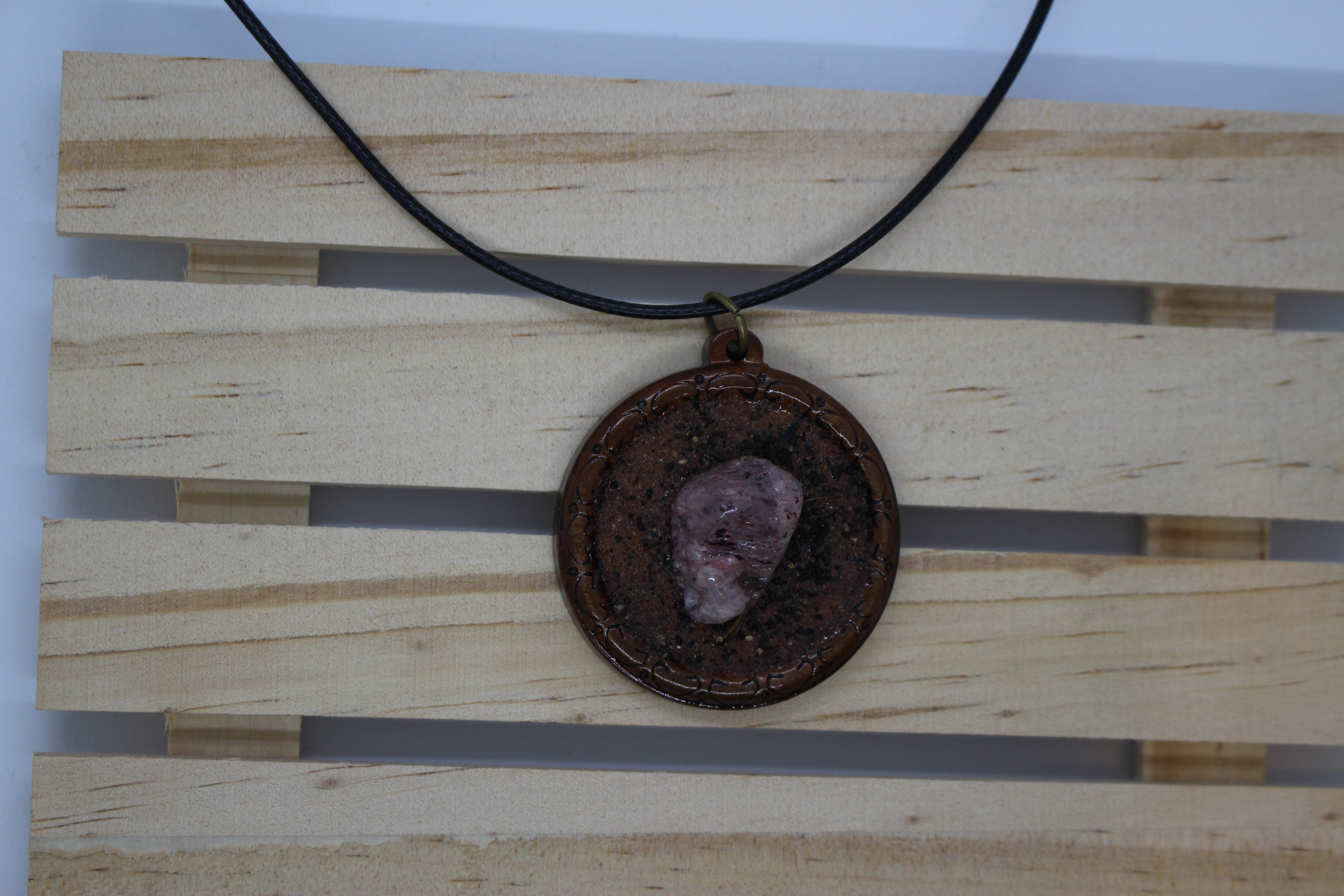 Strawberry Quartz and Red Desert Sand Pendant- Wood Backing