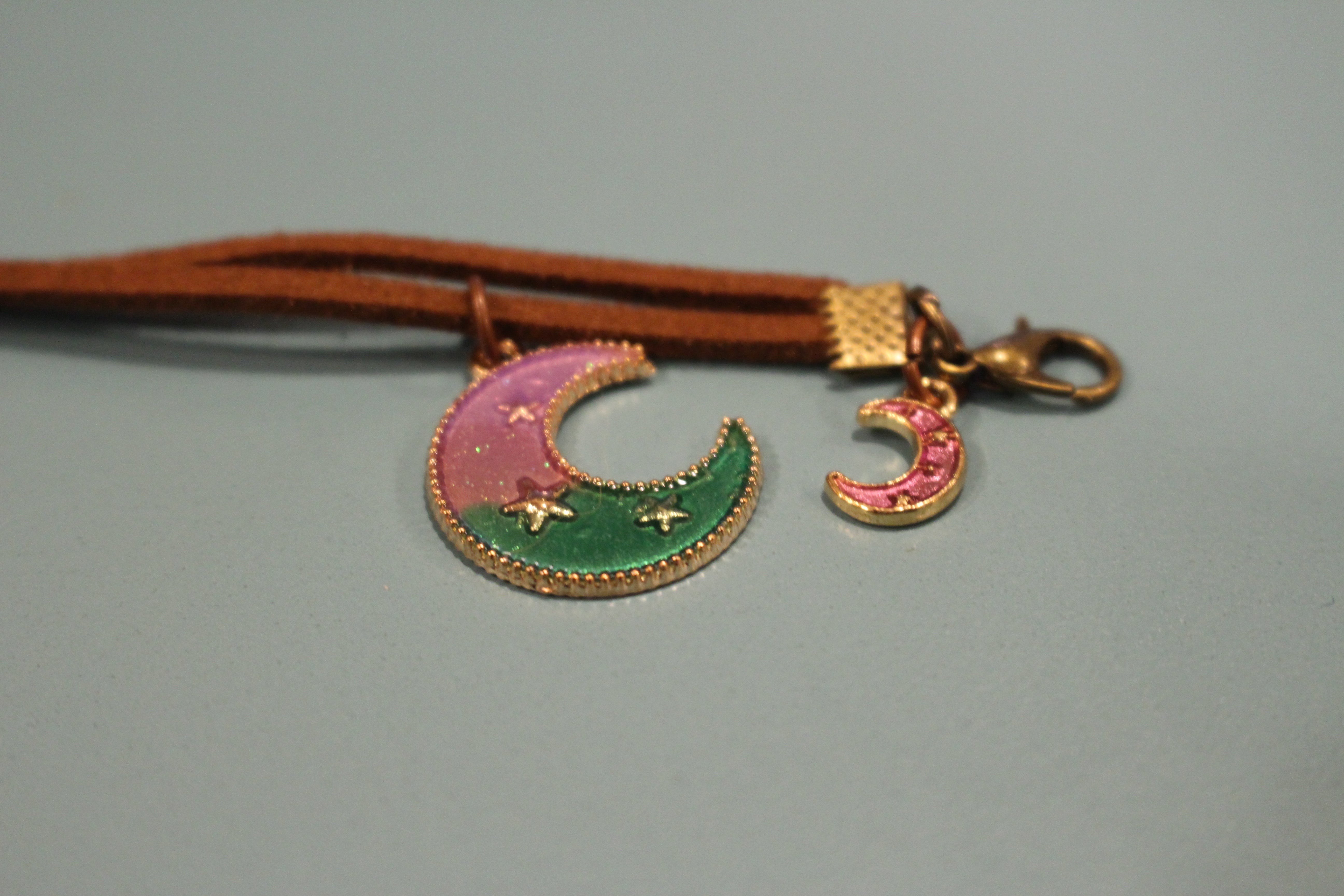 Bracelet - Strawberry Quartz - Red Desert Sand - Leather -  Moon And Star Charms.