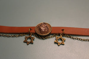 Bracelet - Leather - Strawberry Quartz - Black desert sand (looks red) -Hexagram