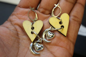 Earrings -  Wooden hearts with moon and heart charm