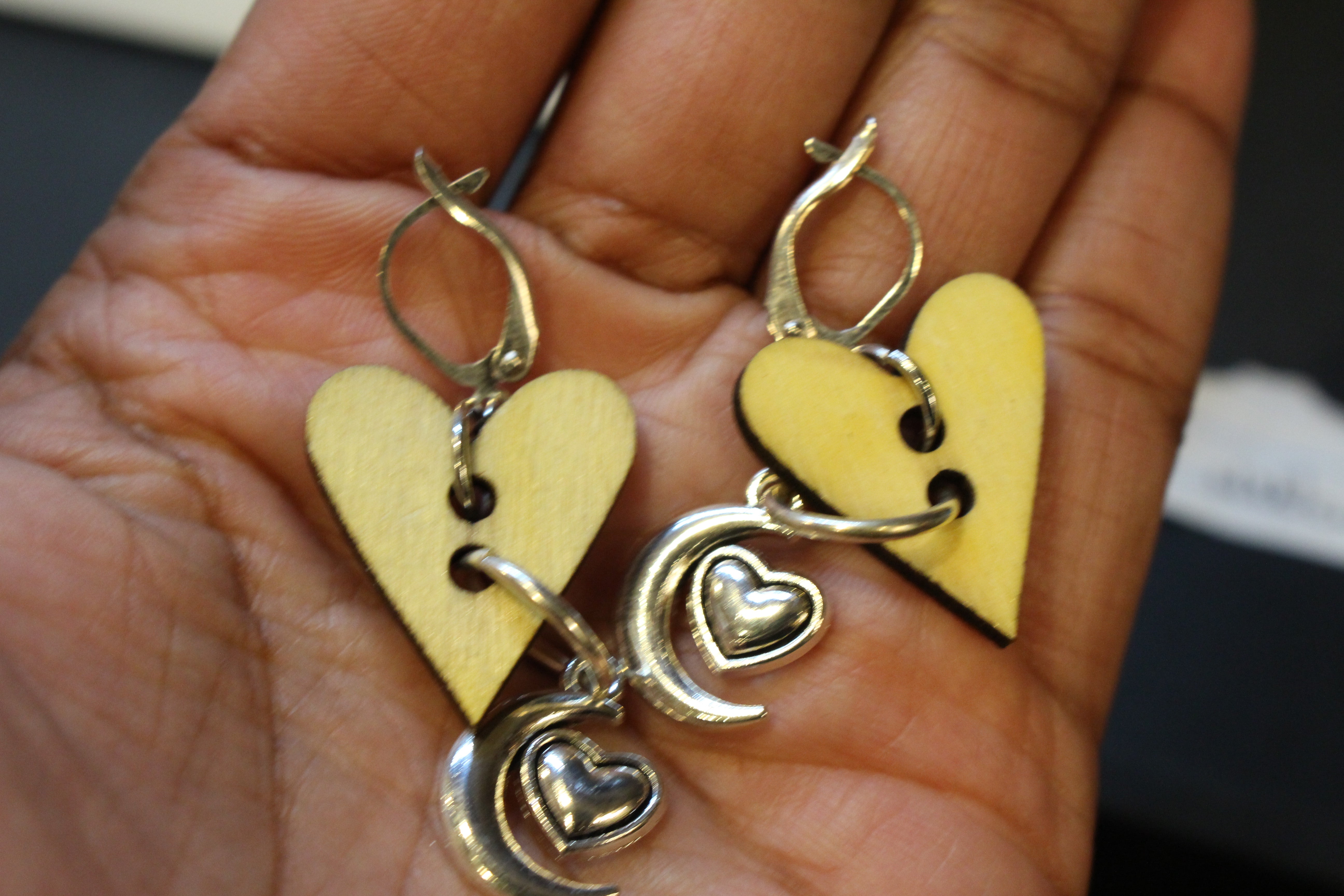 Earrings -  Wooden hearts with moon and heart charm