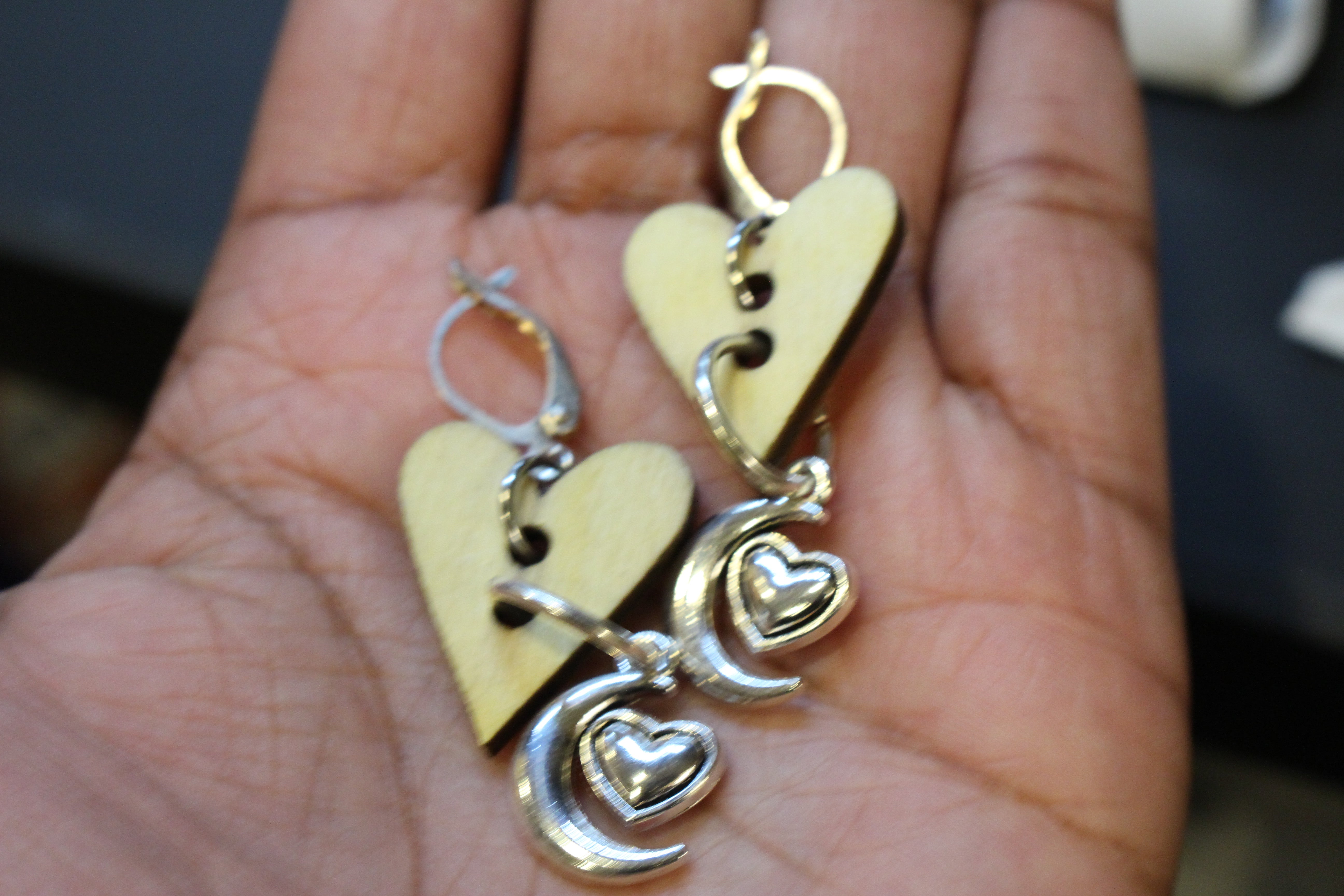 Earrings -  Wooden hearts with moon and heart charm