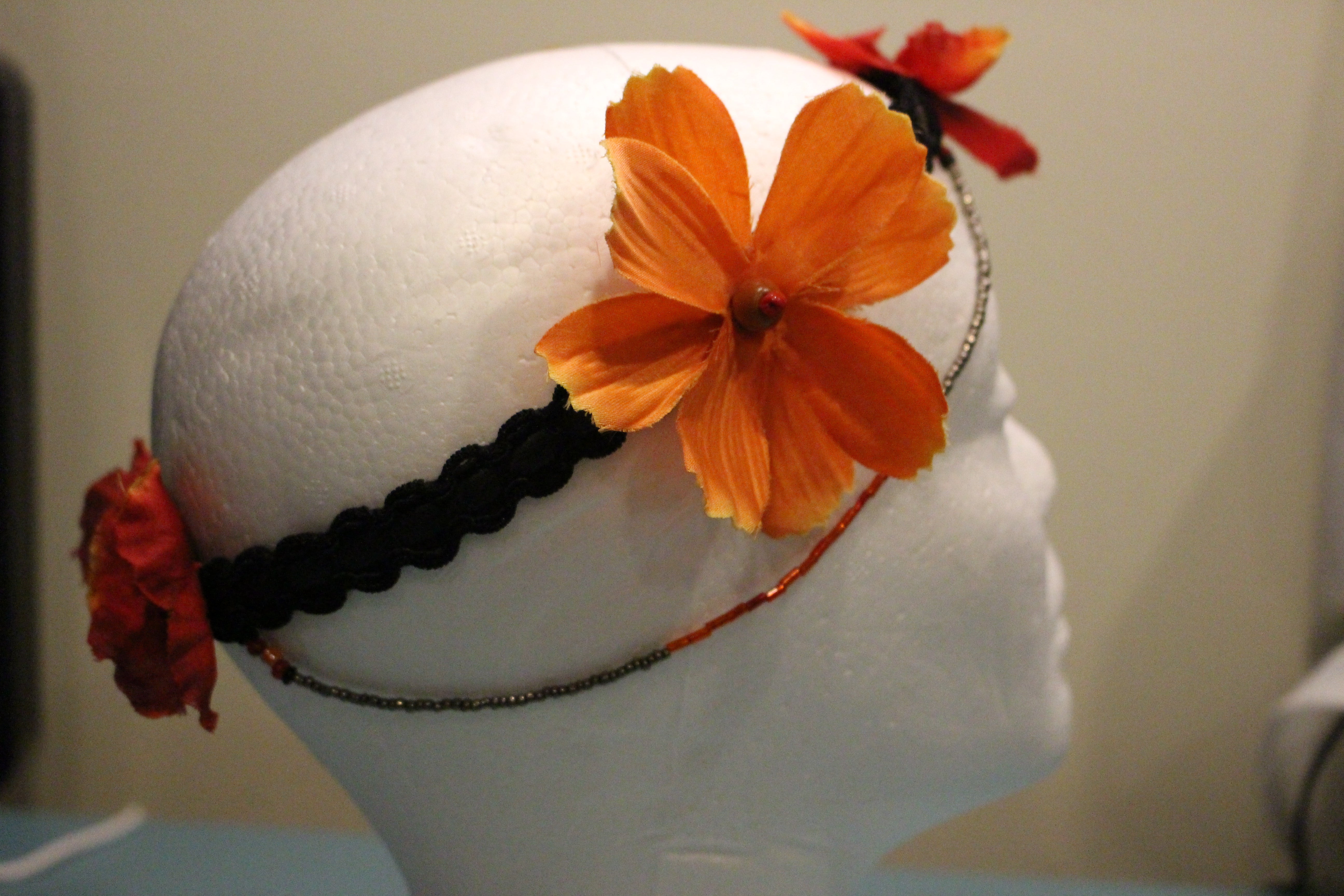 Head Dress - Leather- Seed & Wooden Beads- Flowers