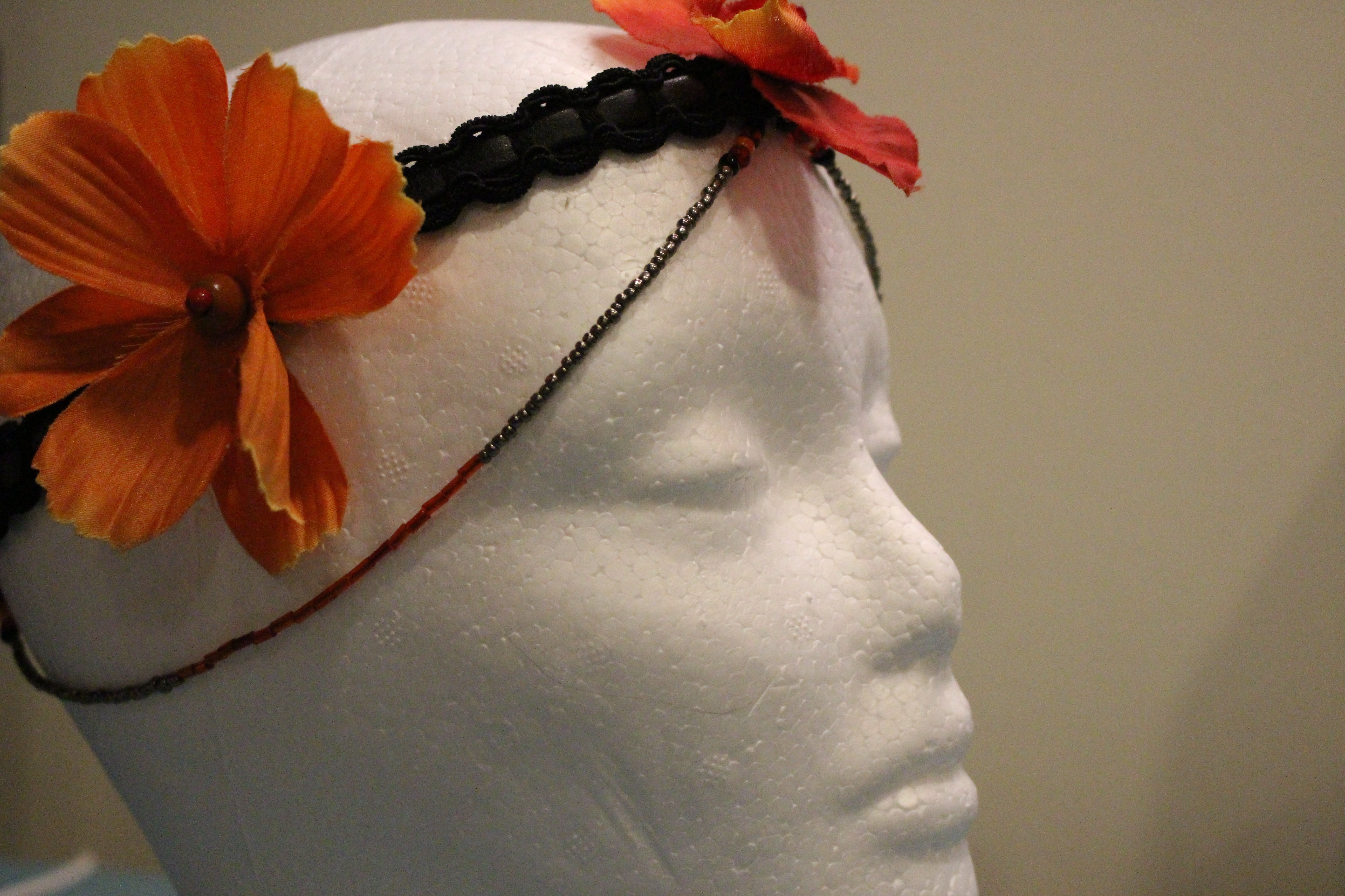 Head Dress - Leather- Seed & Wooden Beads- Flowers