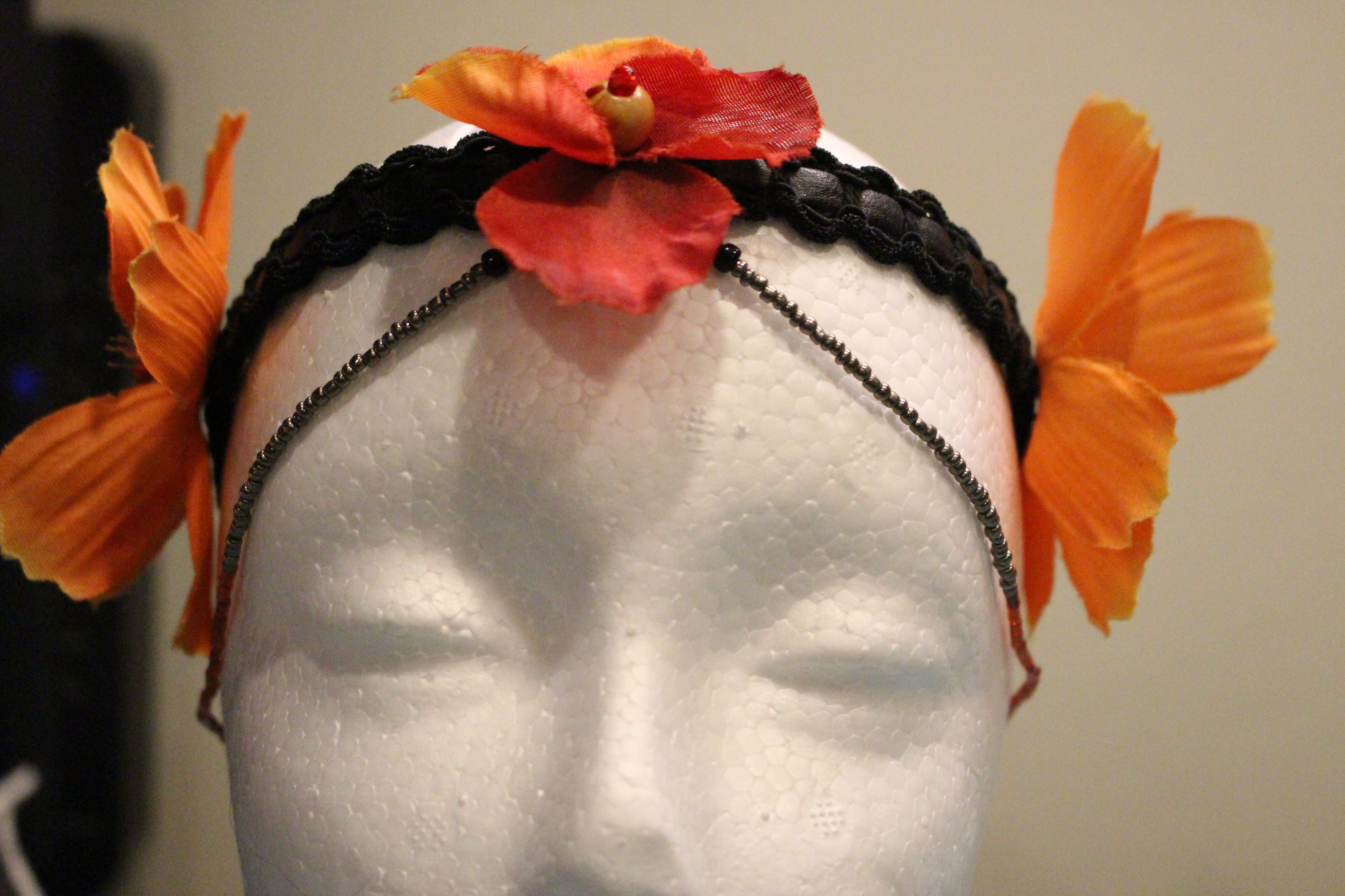 Head Dress - Leather- Seed & Wooden Beads- Flowers