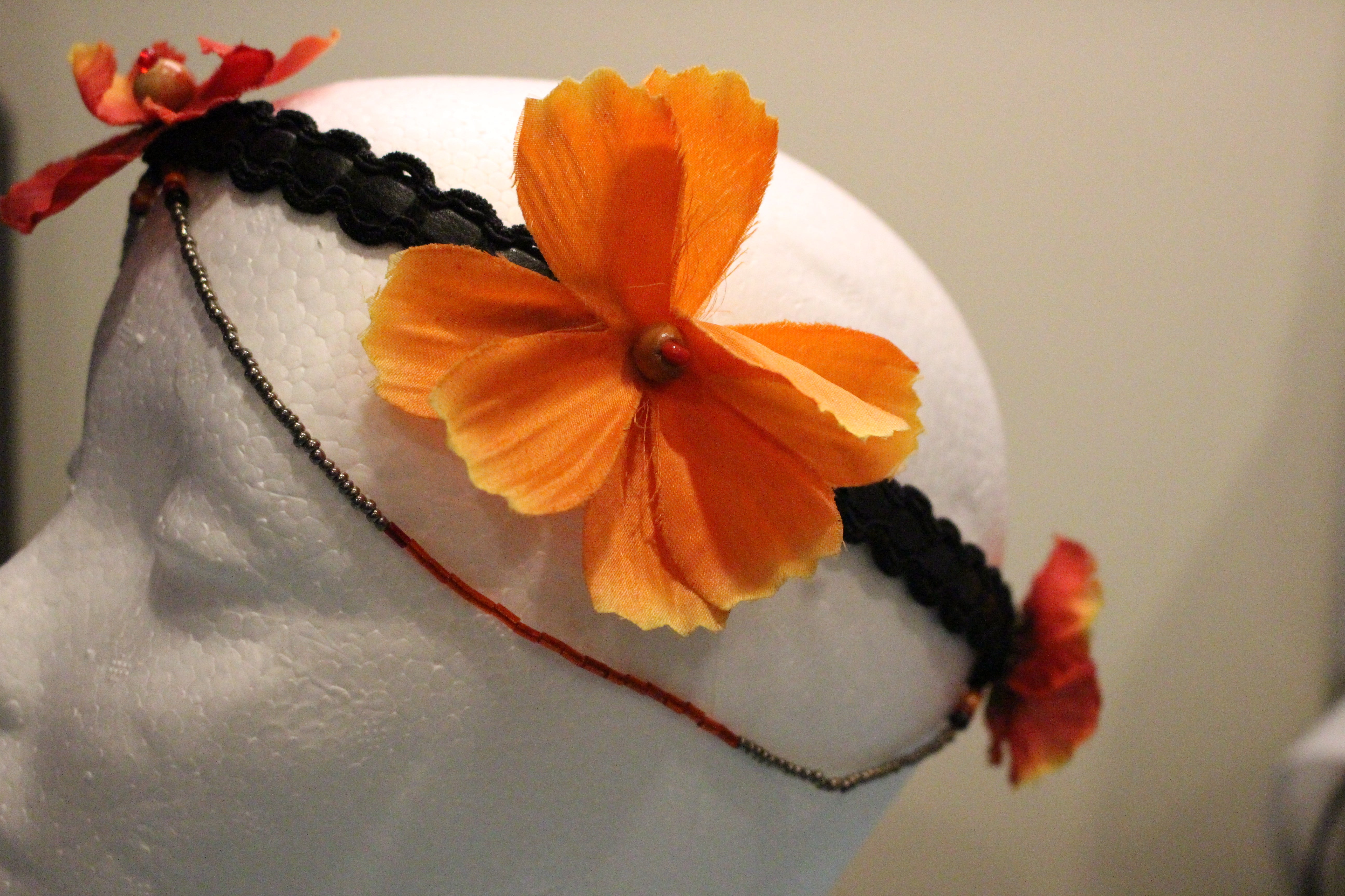 Head Dress - Leather- Seed & Wooden Beads- Flowers